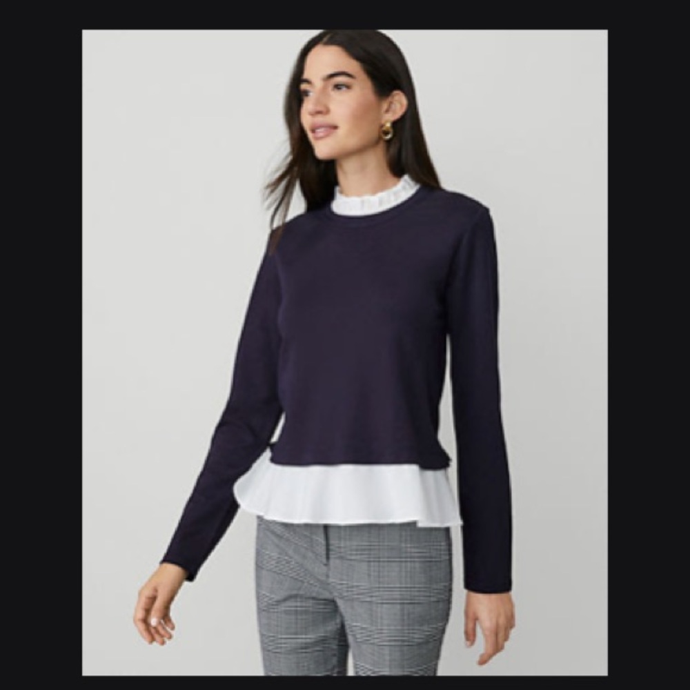 Ann Taylor Navy Ponte Mixed-Media Jacket